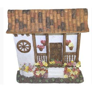 Tabletop wood tiled roof ceramic floral stand up cottage house 8x8in Decor Steps